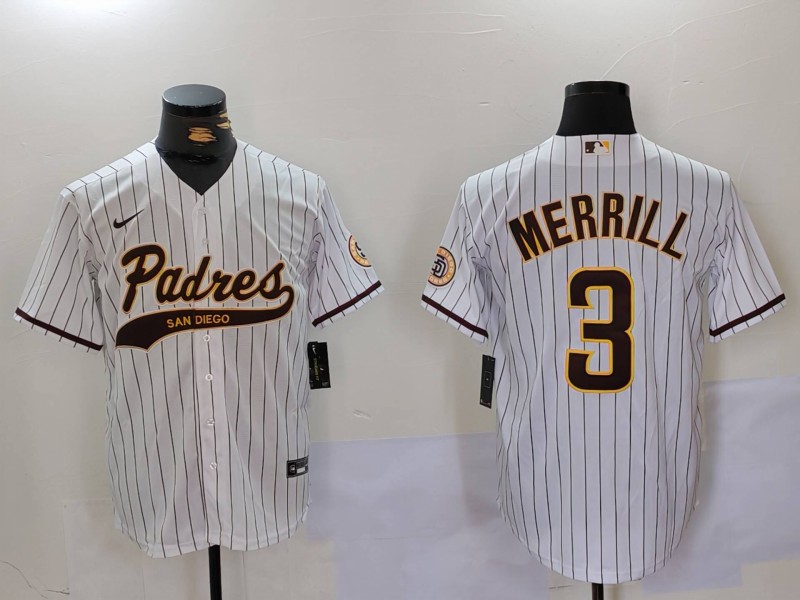 Men's San Diego Padres #3 Jackson Merrill White Cool Base Stitched Baseball Jersey Men's San Diego Padres #3 Jackson Merrill White Cool Base Stitched Baseball Jersey